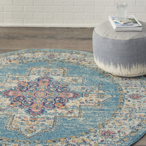 4’ Round Light Blue Distressed Medallion Area Rug