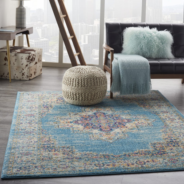 5’x7’ Light Blue Distressed Medallion Area Rug