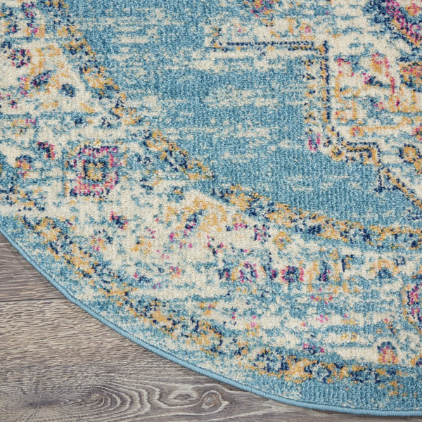 5’ Round Light Blue Distressed Medallion Area Rug