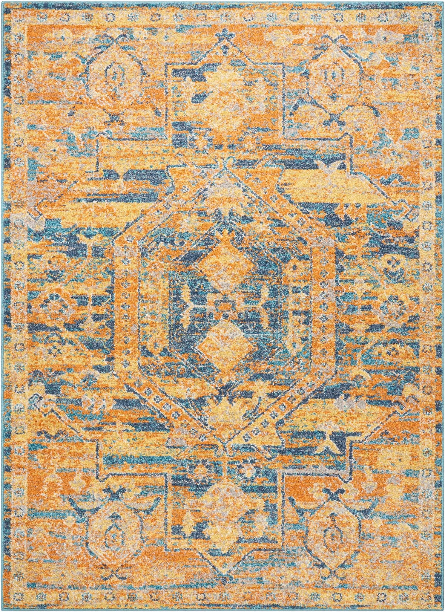 5’ x 7’ Gold and Blue Antique Area Rug