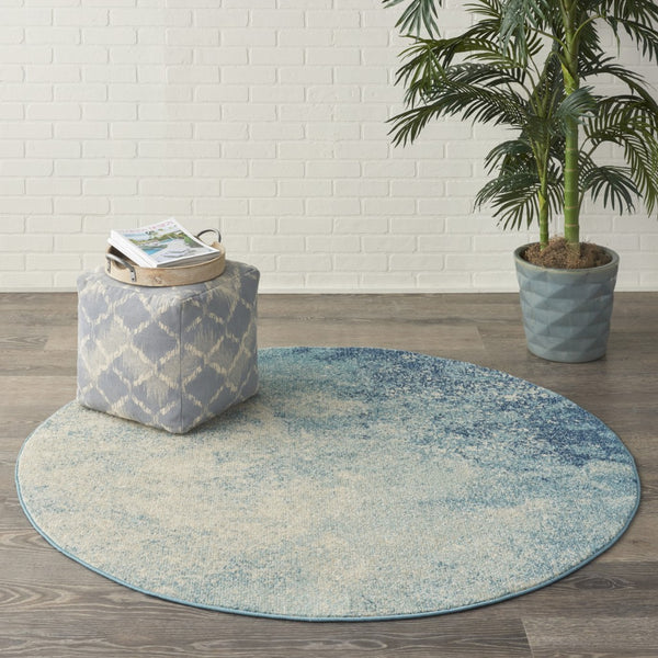 4’ Round Light Blue and Ivory Abstract Sky Area Rug