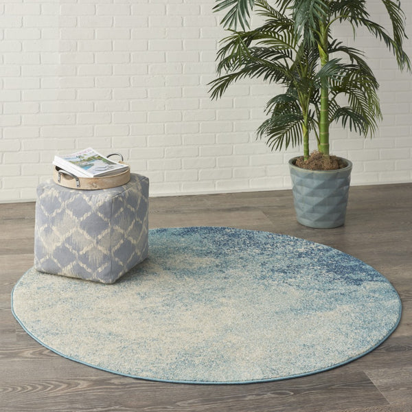 4’ Round Light Blue and Ivory Abstract Sky Area Rug