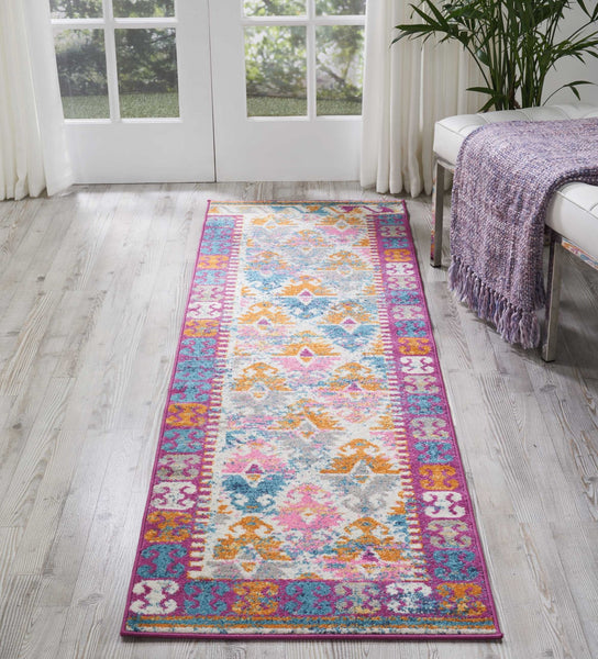 2’ x 8’ Ivory and Magenta Tribal Pattern Runner Rug