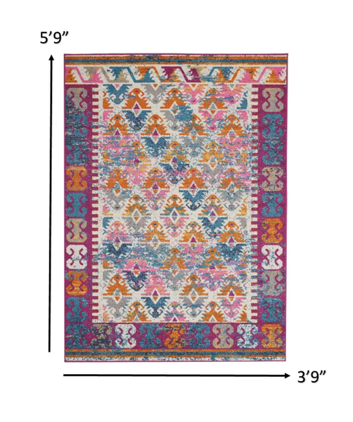 4’ x 6’ Ivory and Magenta Tribal Pattern Area Rug