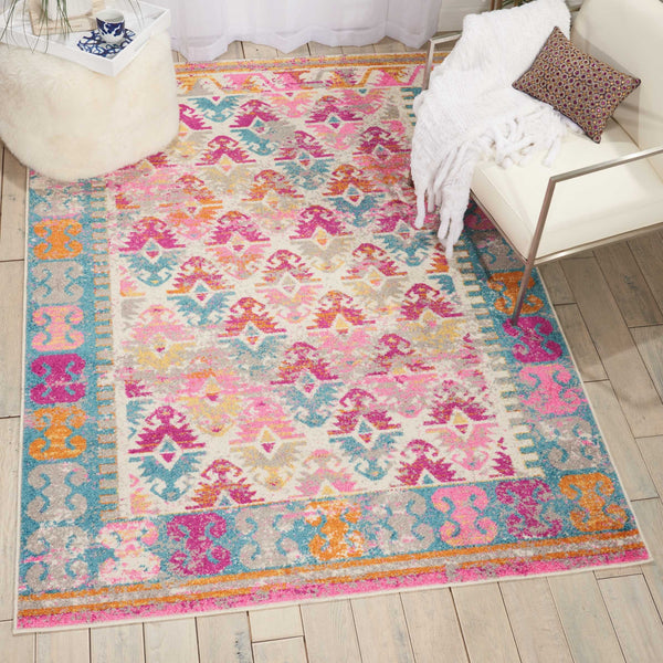 4’ x 6’ Ivory and Magenta Tribal Pattern Area Rug