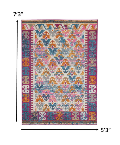 5’ x 7’ Ivory and Magenta Tribal Pattern Area Rug