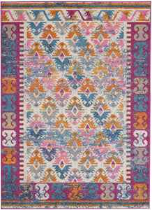 5’ x 7’ Ivory and Magenta Tribal Pattern Area Rug