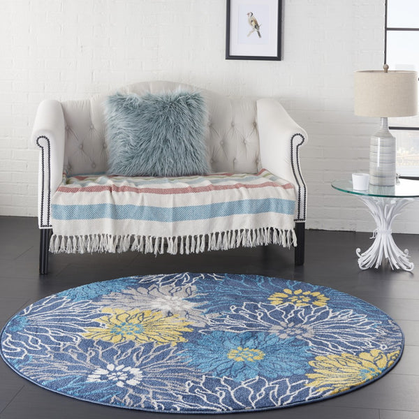 4’ Round Blue Tropical Flower Area Rug