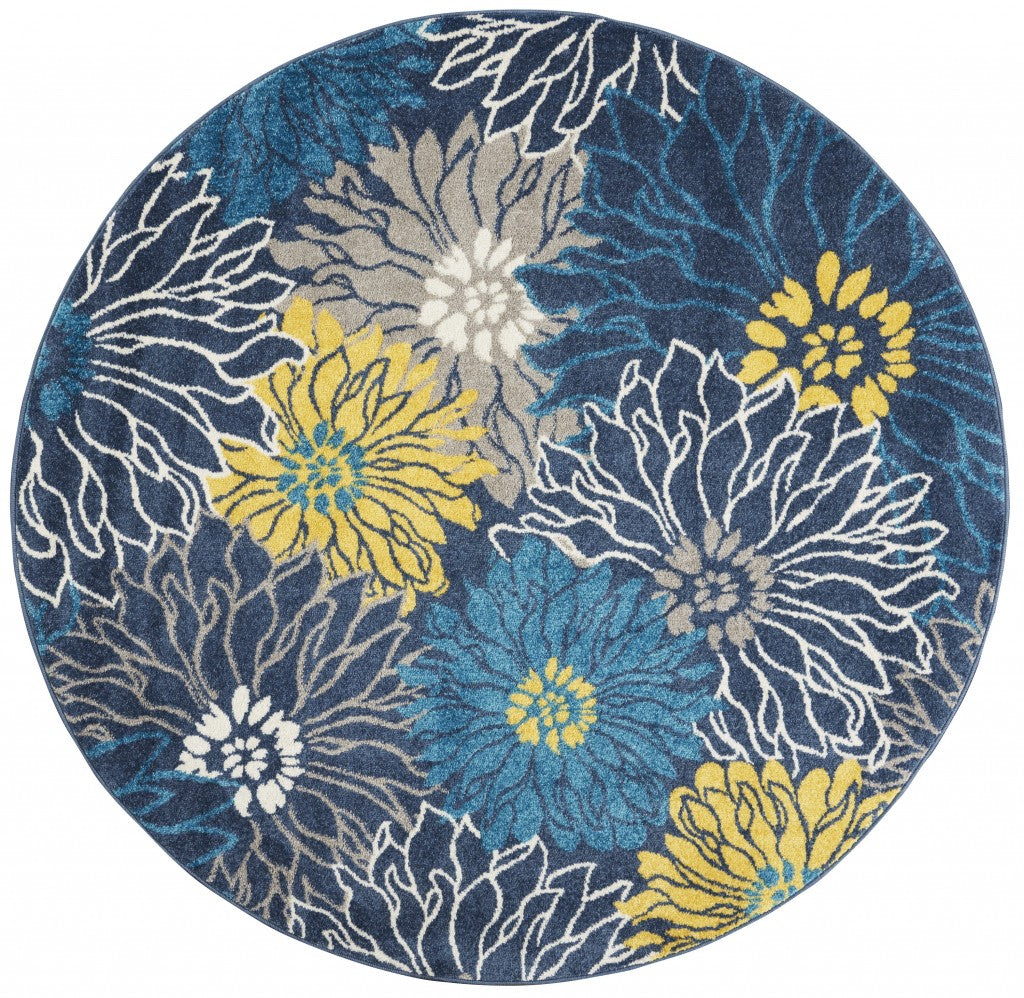 5’ Round Blue Tropical Flower Area Rug