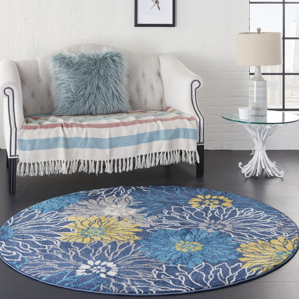 5’ Round Blue Tropical Flower Area Rug