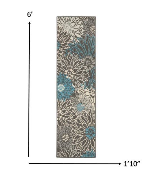 2’ x 6’ Charcoal and Blue Big Flower Runner Rug