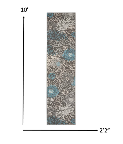 2’ x 10’ Charcoal and Blue Big Flower Runner Rug