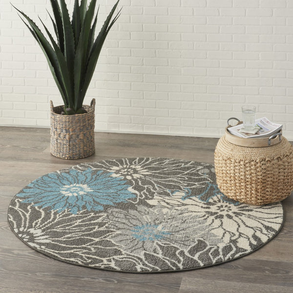 4’ Round Charcoal and Blue Big Flower Area Rug