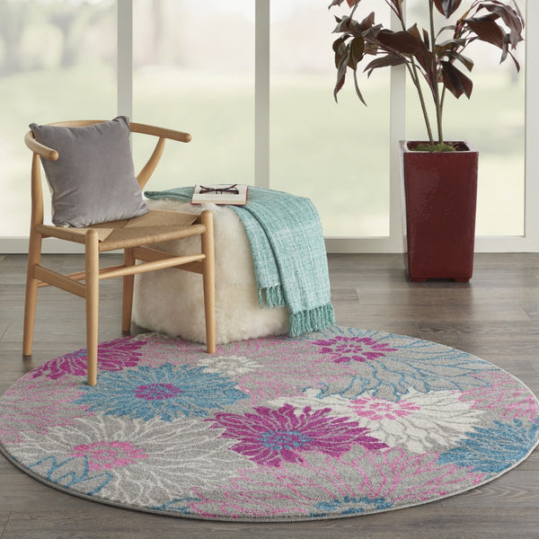 4’ Round Gray and Pink Tropical Flower Area Rug