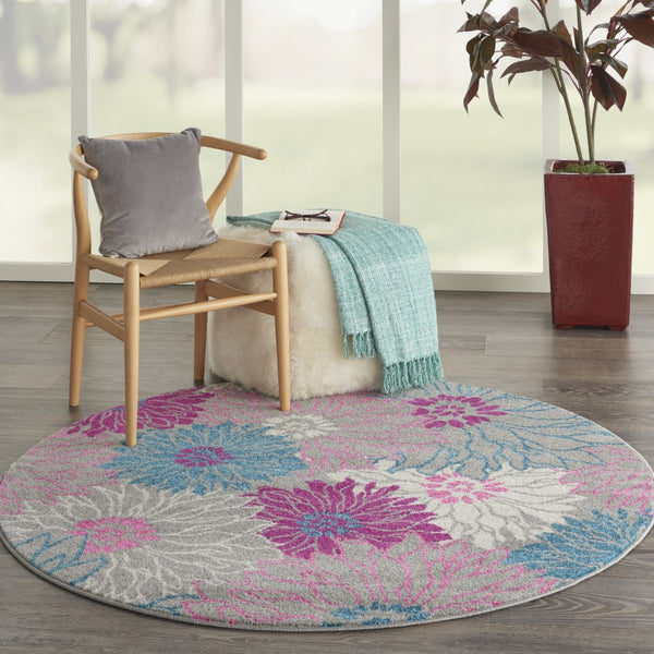 4’ Round Gray and Pink Tropical Flower Area Rug