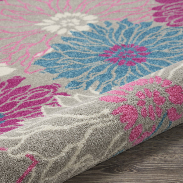 4’ Round Gray and Pink Tropical Flower Area Rug