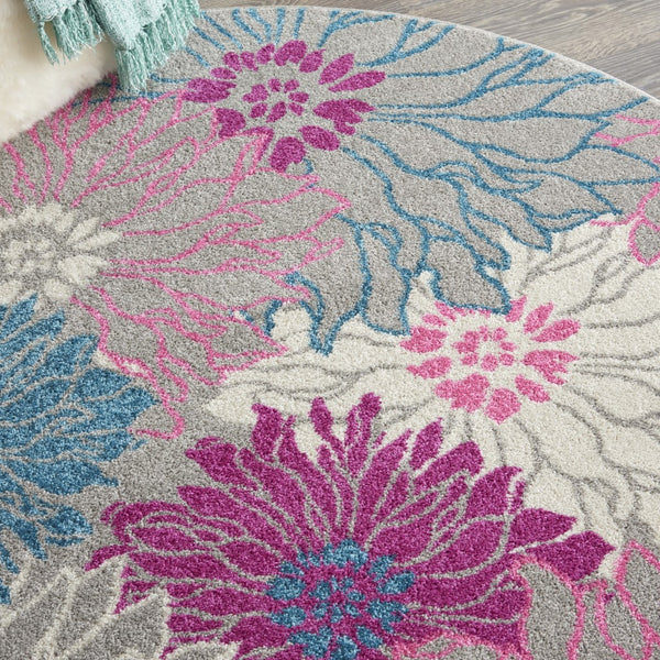 5’ Round Gray and Pink Tropical Flower Area Rug