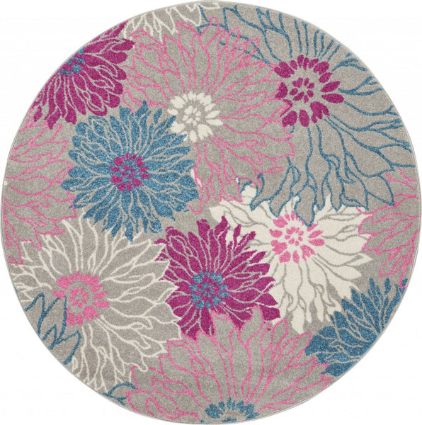 5’ Round Gray and Pink Tropical Flower Area Rug