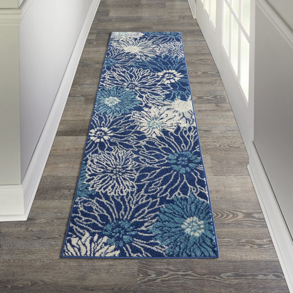 2’ x 8’ Navy and Ivory Floral Runner Rug