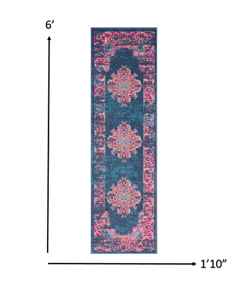 2’ x 6’ Blue and Pink Medallion Runner Rug