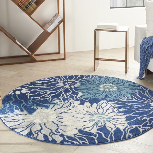 4’ Round Navy and Ivory Floral Area Rug