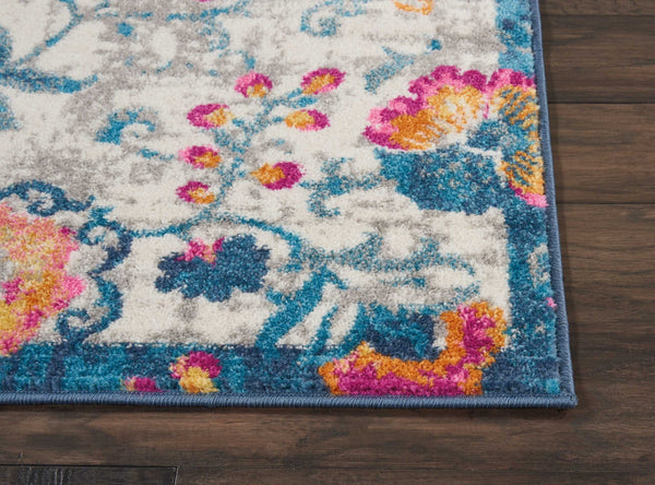 2’ x 6’ Ivory and Blue Floral Vines Runner Rug