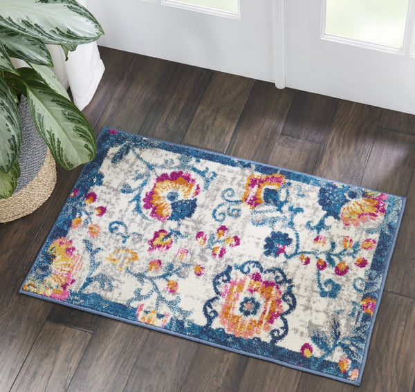 2’ x 3’ Ivory and Blue Floral Vines Scatter Rug