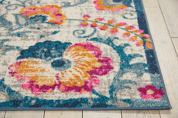 5’ x 7’ Ivory and Blue Floral Vines Area Rug