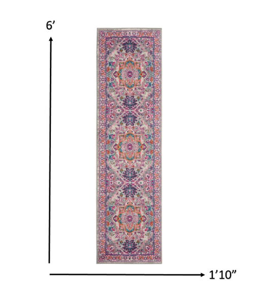 2’ x 6’ Light Gray and Pink Medallion Runner Rug