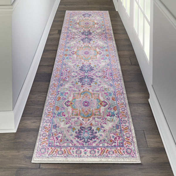 2’ x 10’ Light Gray and Pink Medallion Runner Rug