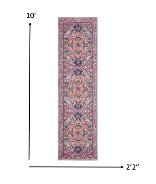 2’ x 10’ Light Gray and Pink Medallion Runner Rug