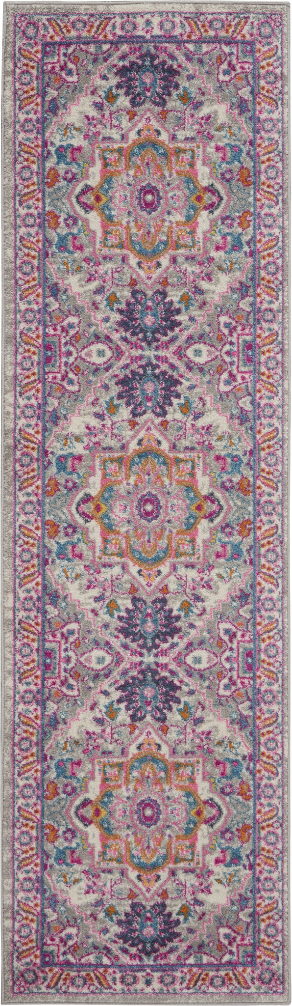 2’ x 8’ Light Gray and Pink Medallion Runner Rug