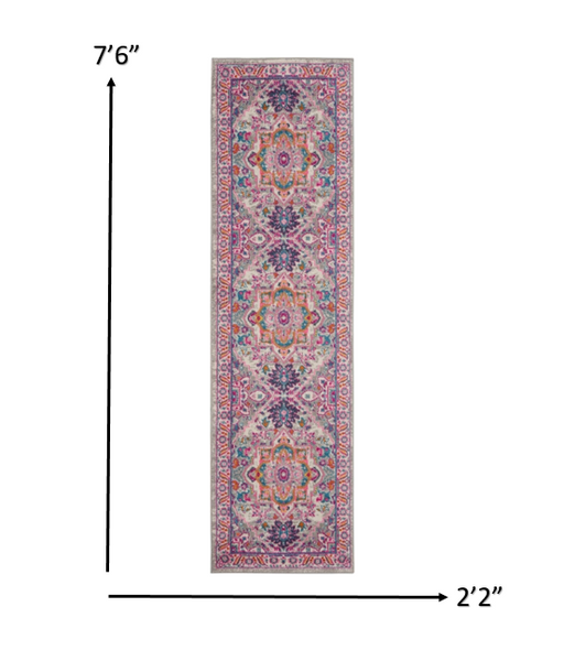 2’ x 8’ Light Gray and Pink Medallion Runner Rug