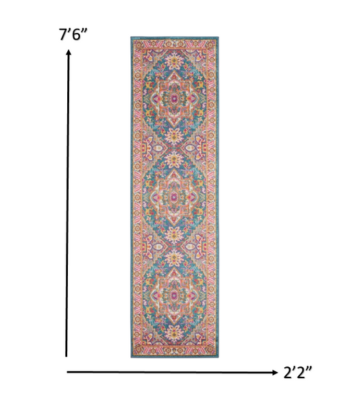 2’ x 8’ Teal and Pink Medallion Runner Rug