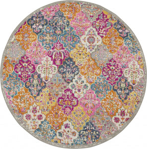 4’ Round Muted Brights Floral Diamond Area Rug