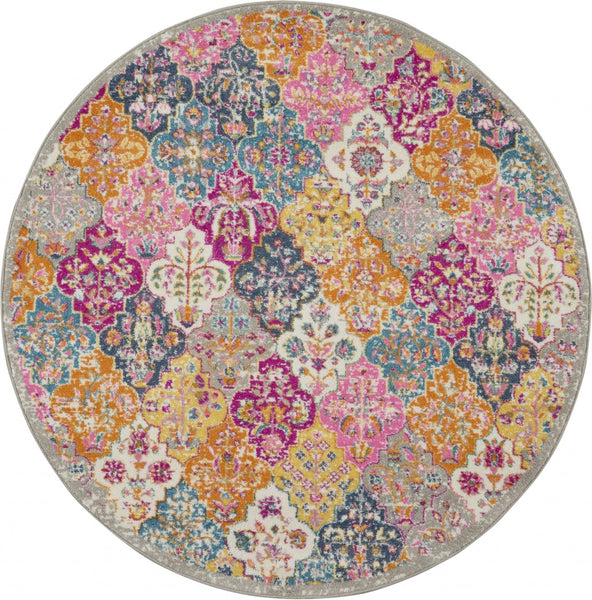 4’ Round Muted Brights Floral Diamond Area Rug