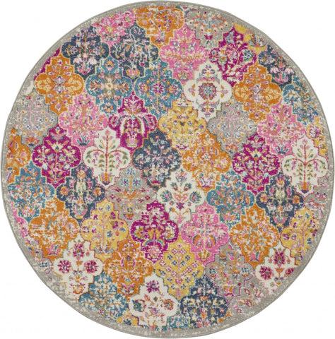 4’ Round Muted Brights Floral Diamond Area Rug