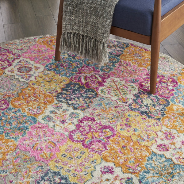 5’ Round Muted Brights Floral Diamond Area Rug