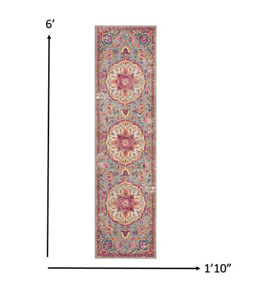 2’ x 6’ Gray and Pink Medallion Runner Rug