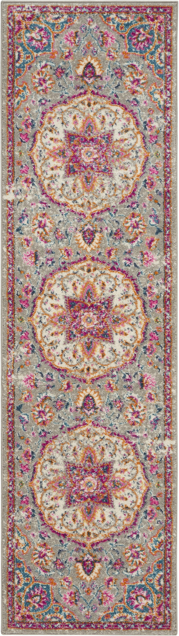 2’ x 8’ Gray and Pink Medallion Runner Rug