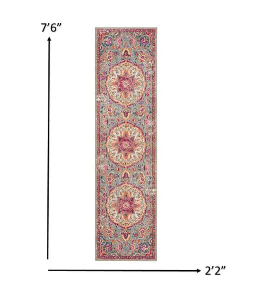 2’ x 8’ Gray and Pink Medallion Runner Rug