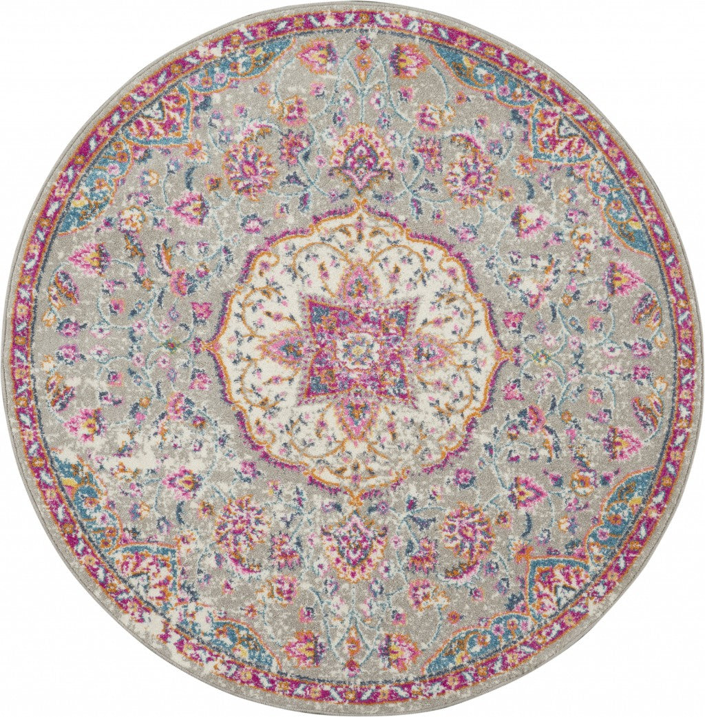 4’ Round Gray and Pink Medallion Area Rug