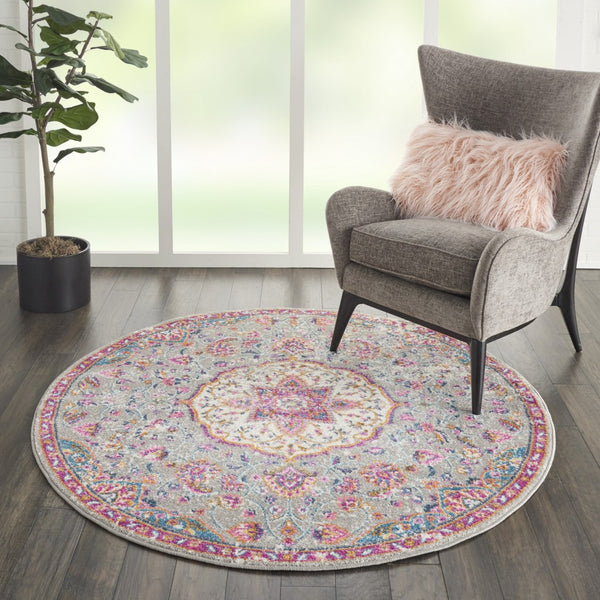 4’ Round Gray and Pink Medallion Area Rug