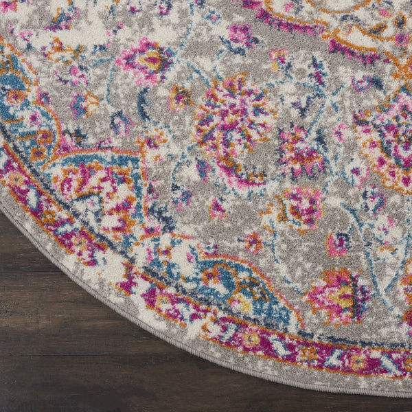 4’ Round Gray and Pink Medallion Area Rug