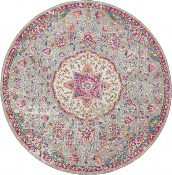 4’ Round Gray and Pink Medallion Area Rug