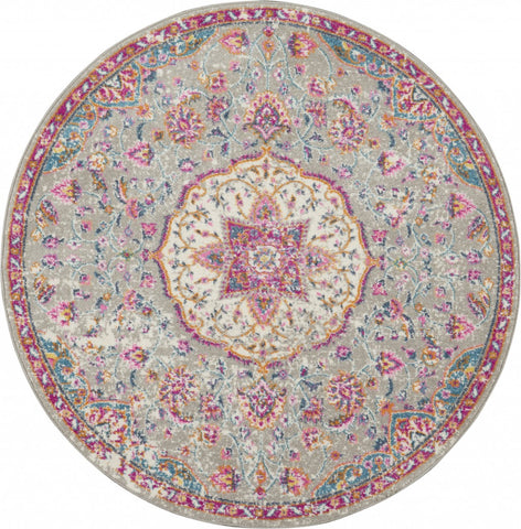 4’ Round Gray and Pink Medallion Area Rug