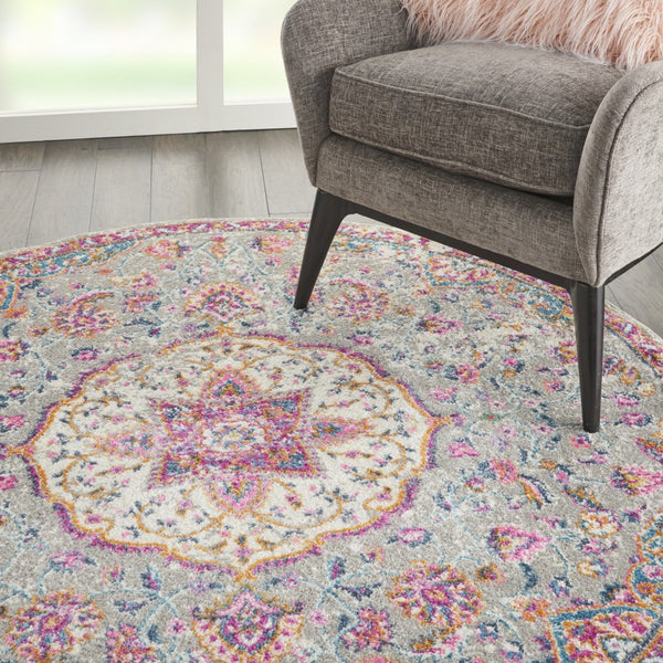 5’ Round Gray and Pink Medallion Area Rug