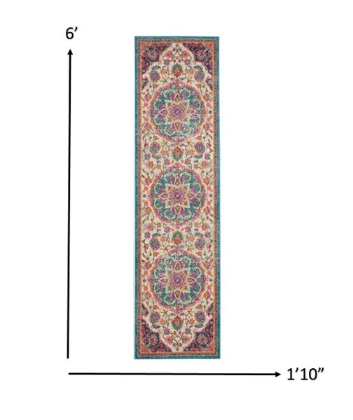 2’ x 6’ Pink and Blue Floral Medallion Runner Rug