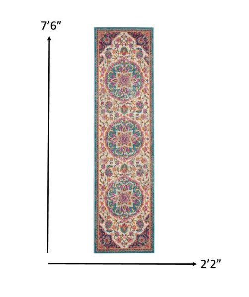 2’ x 8' Pink and Blue Floral Medallion Runner Rug