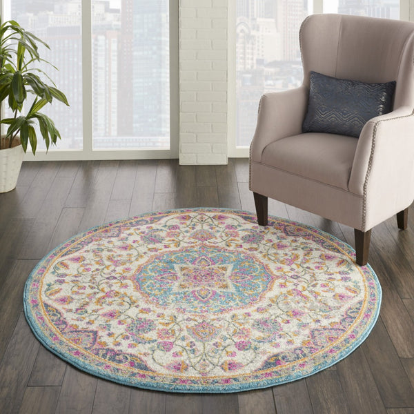 4’ Round Pink and Blue Floral Medallion Area Rug